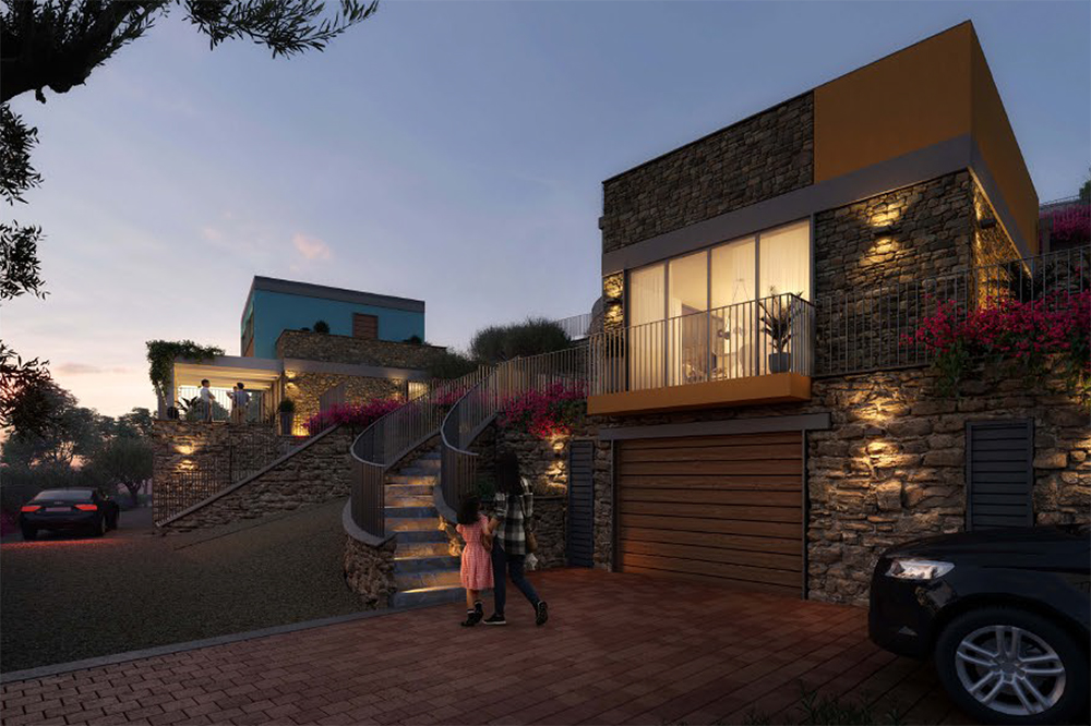 Render della villa — dettaglio esterno